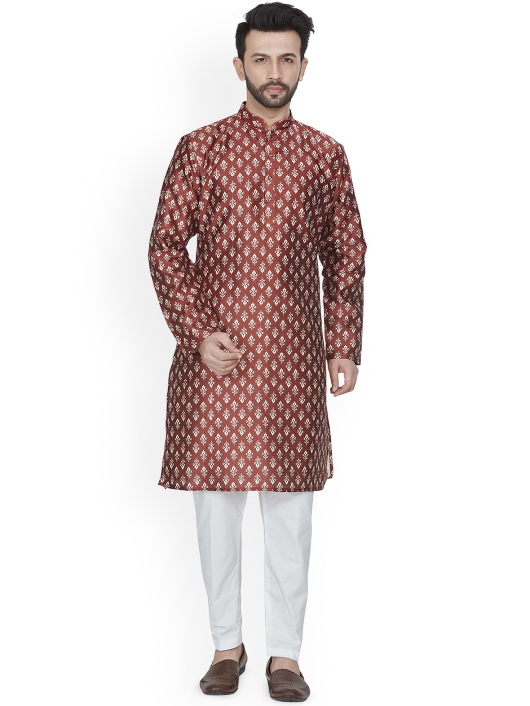 

Anouk Brown Floral Woven Design Mandarin Collar Cotton Straight Kurta