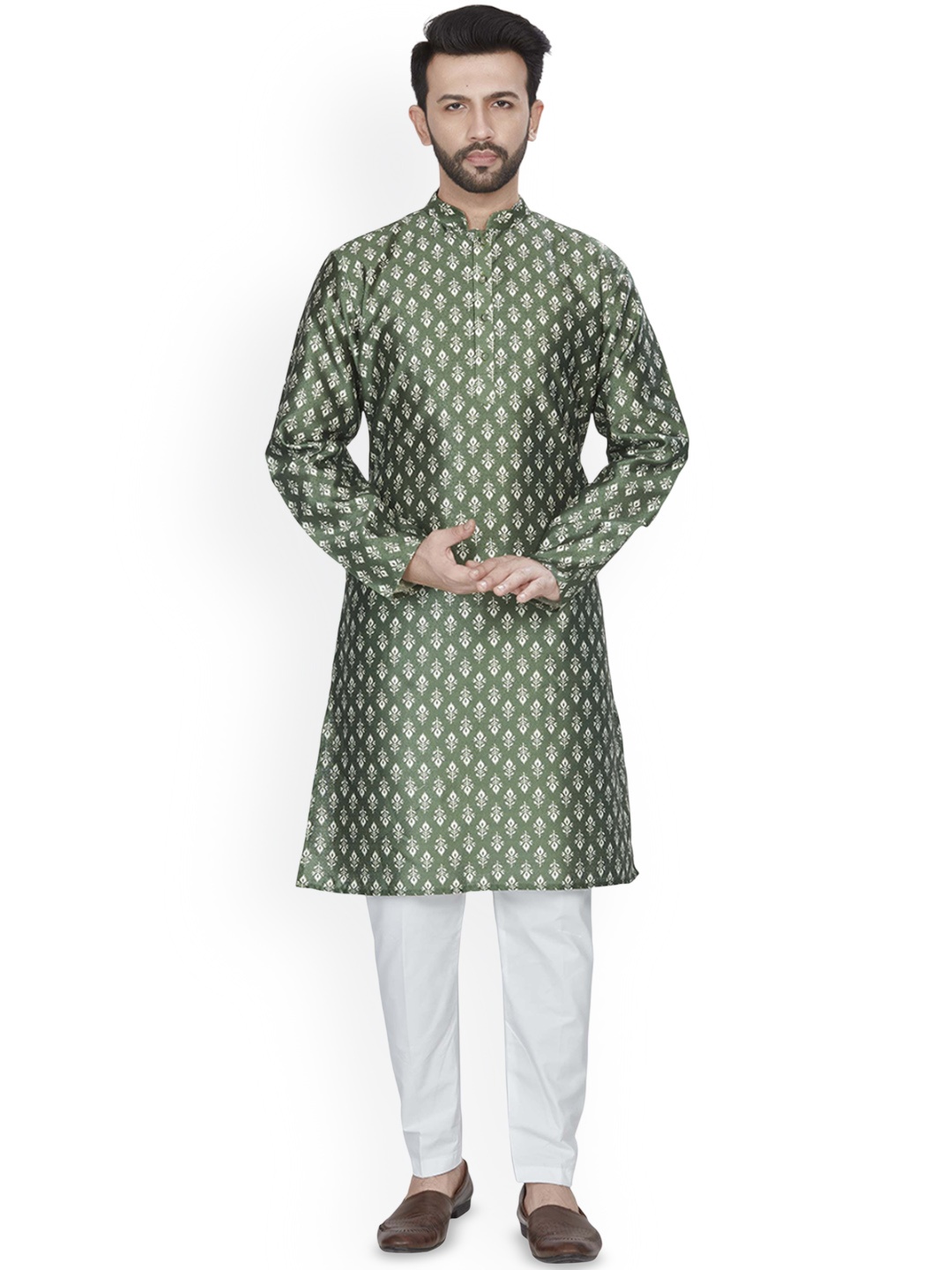 

Anouk Green Floral Woven Design Mandarin Collar Cotton Straight Kurta
