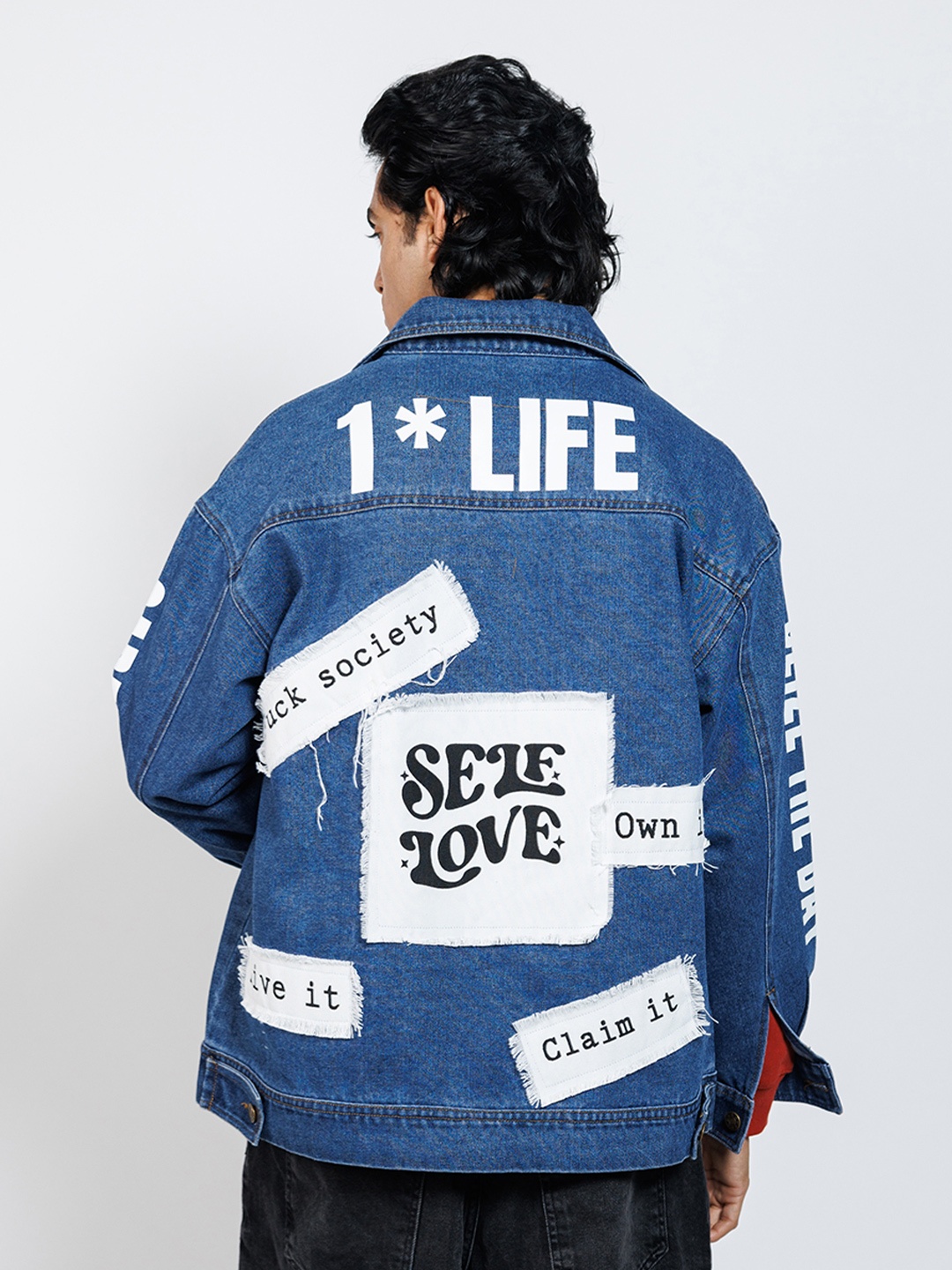

FIBONACCI Men Cotton Denim Jacket with Patchwork, Blue