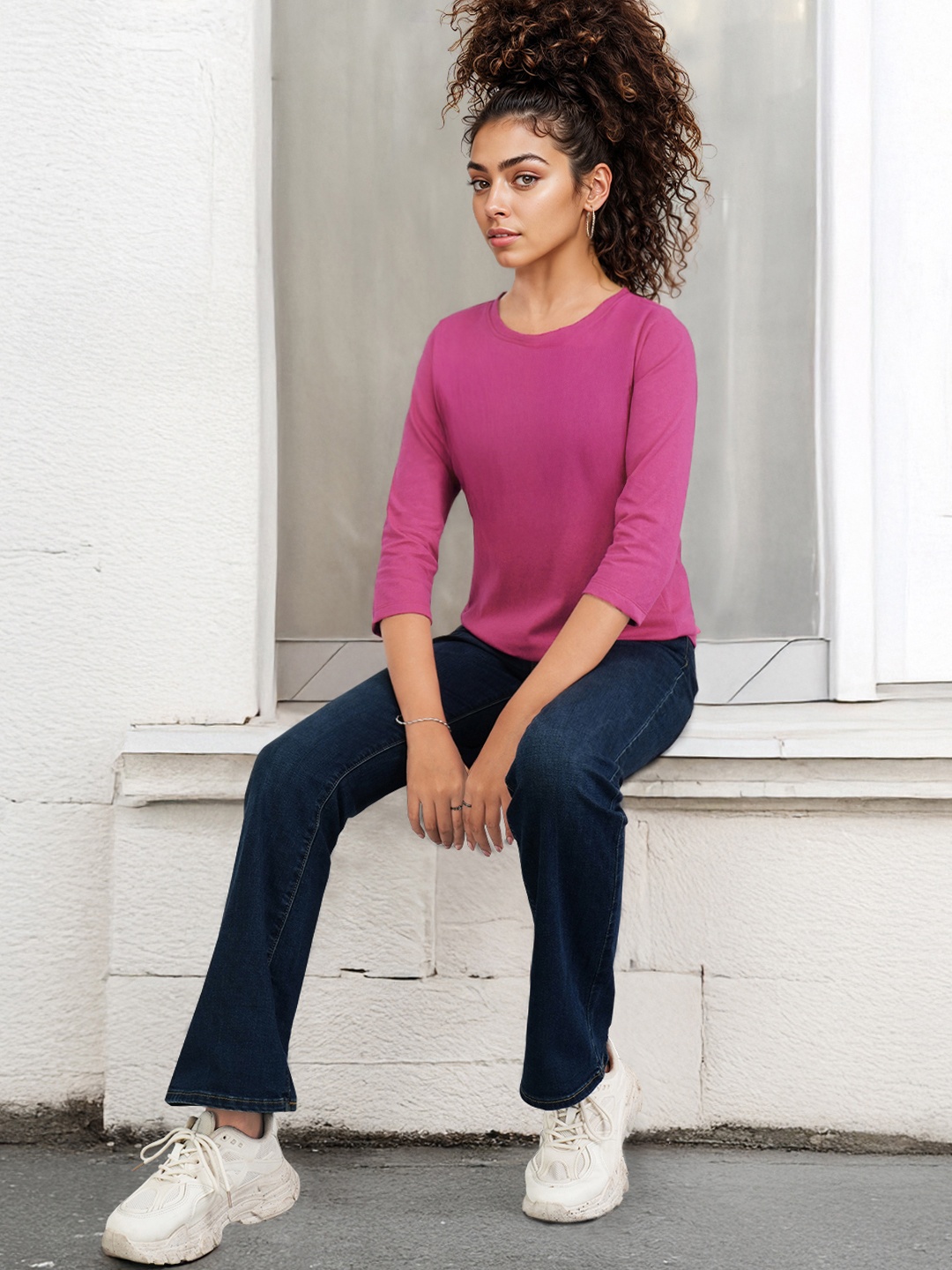 

DressBerry Solid Round Neck Casual T-shirt, Fuchsia