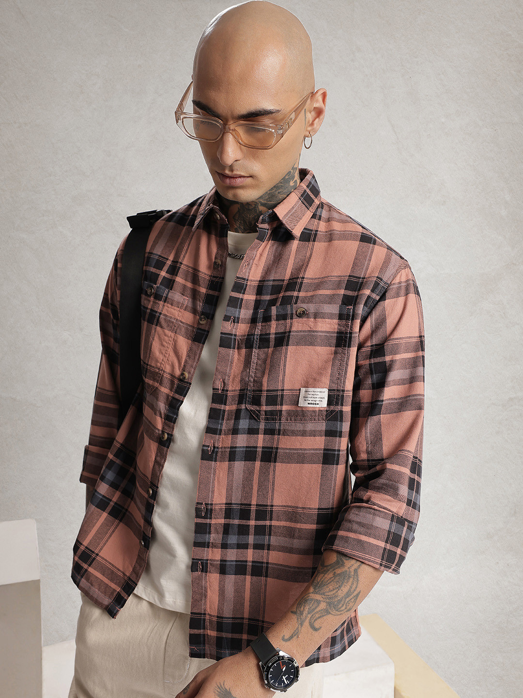 

WROGN Pure Cotton Drop-Shoulder Sleeves Comfort Fit Checked Casual Shirt, Brown