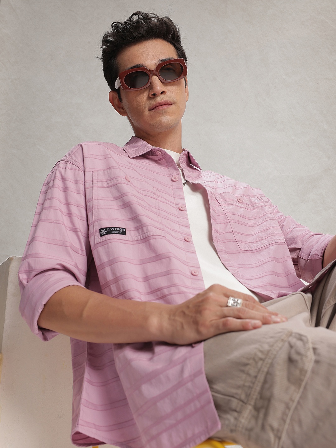 

WROGN Pure Cotton Self Horizontal Striped Oversized Casual Shirt, Pink