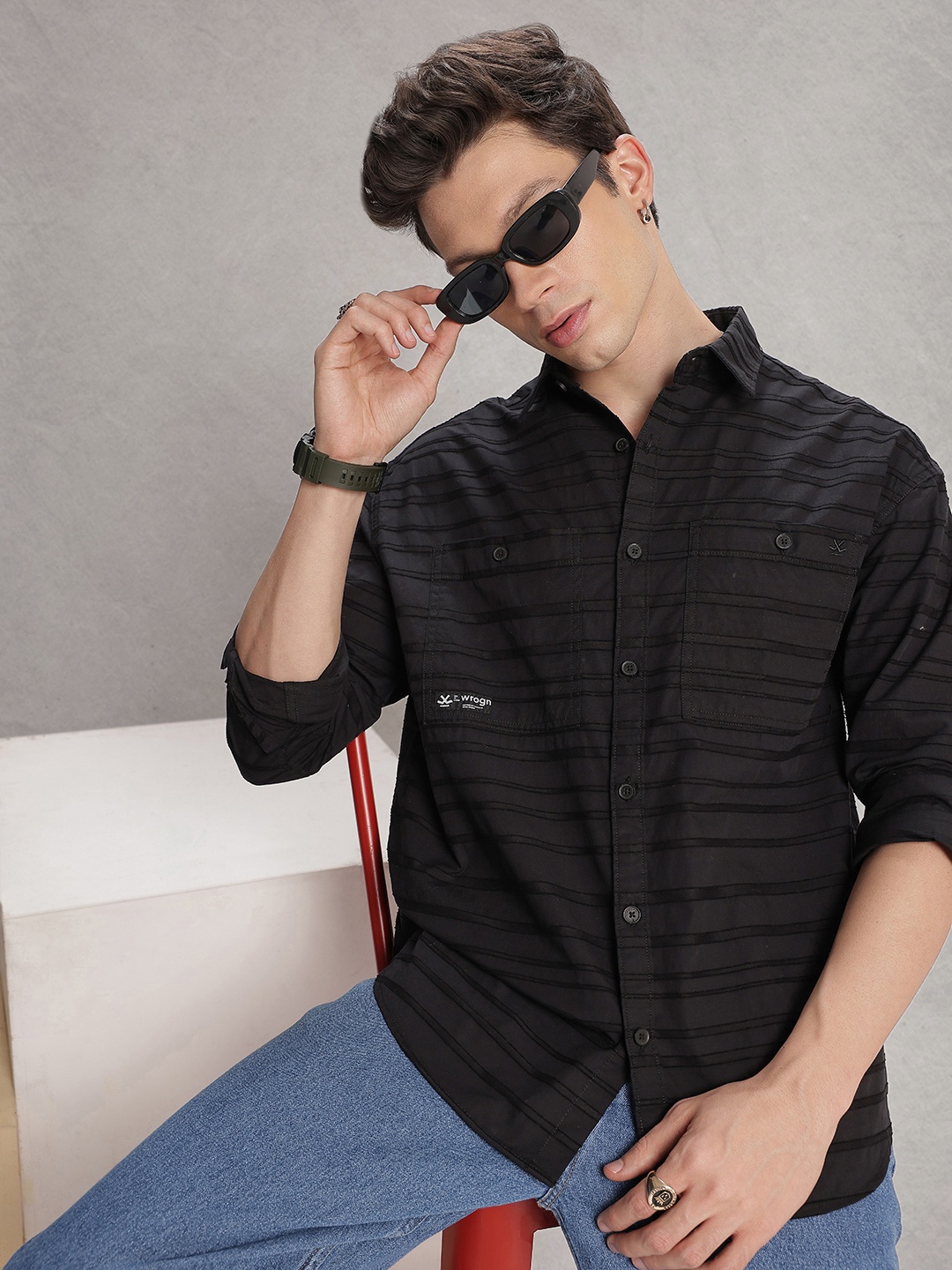 

WROGN Self Striped Pure Cotton Casual Shirt, Black