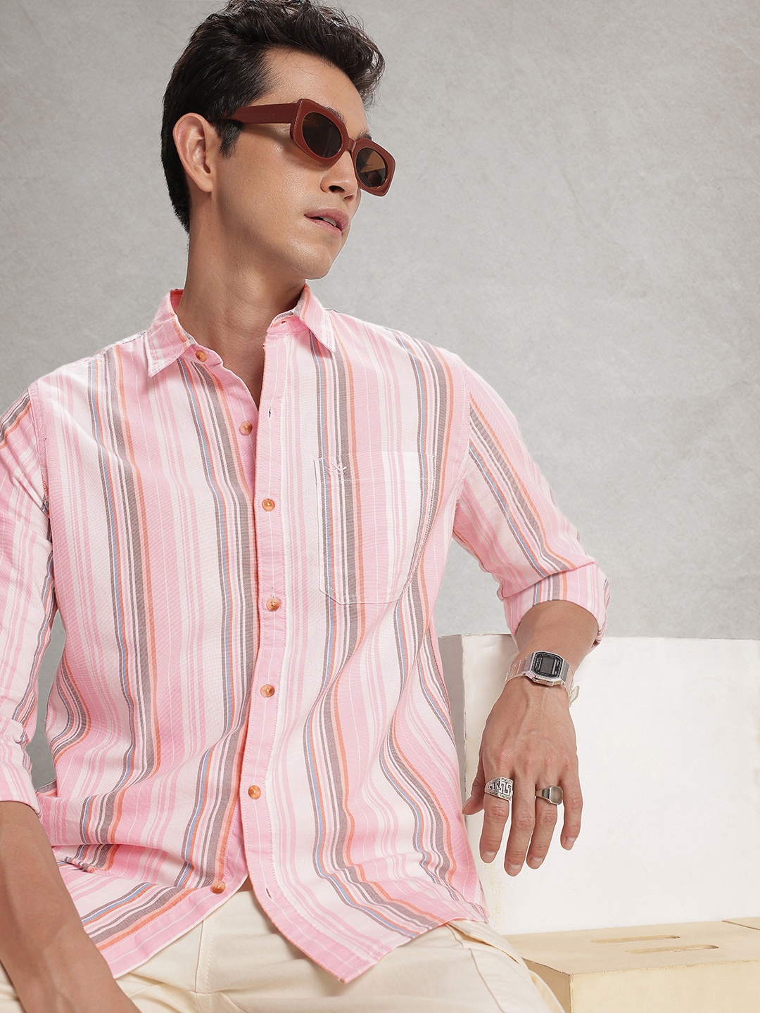 

WROGN Striped Pure Cotton Casual Shirt, Pink