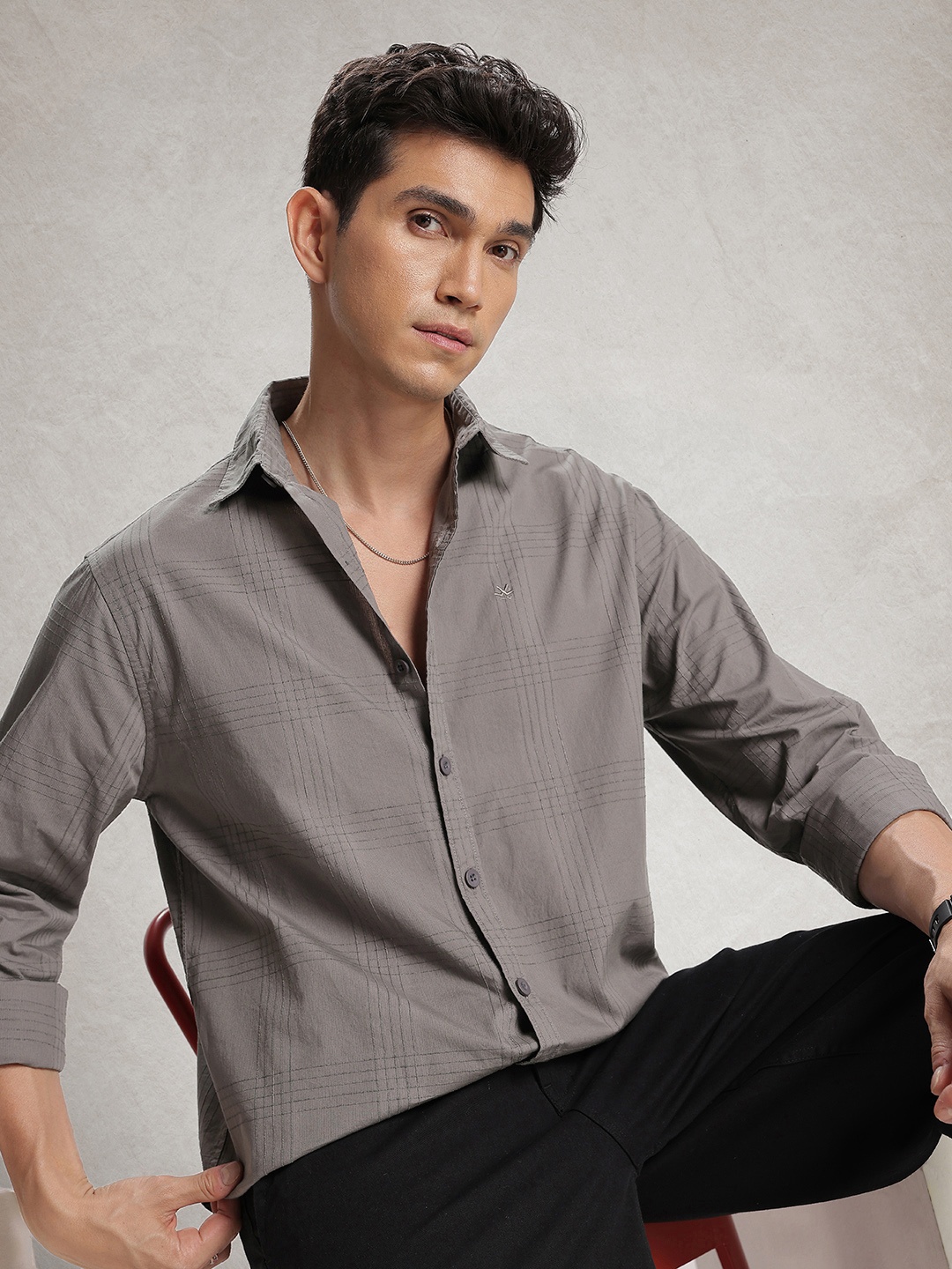 

WROGN Comfort Fit Checked Pure Cotton Casual Shirt, Grey