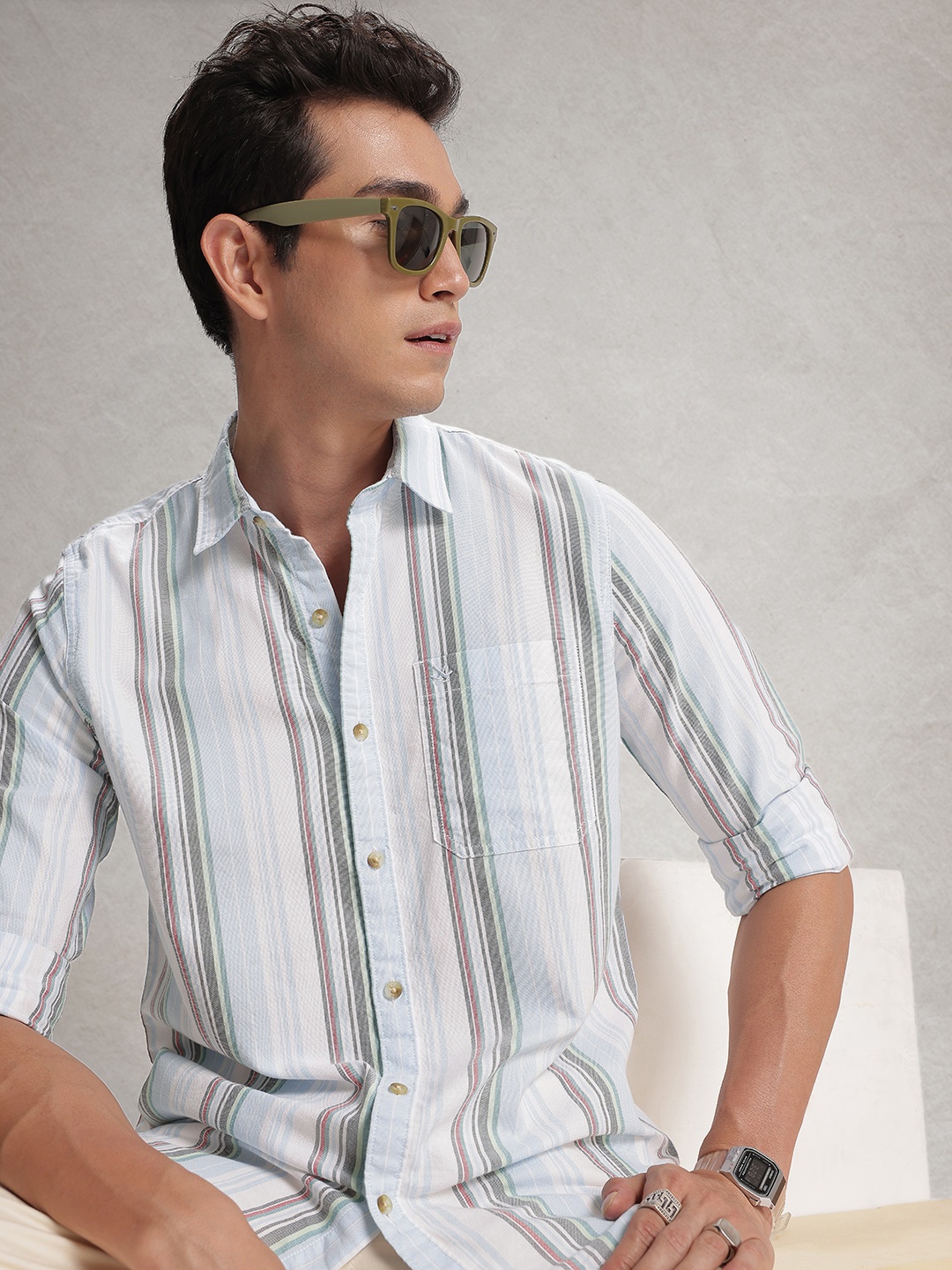 

WROGN Striped Pure Cotton Casual Shirt, Blue