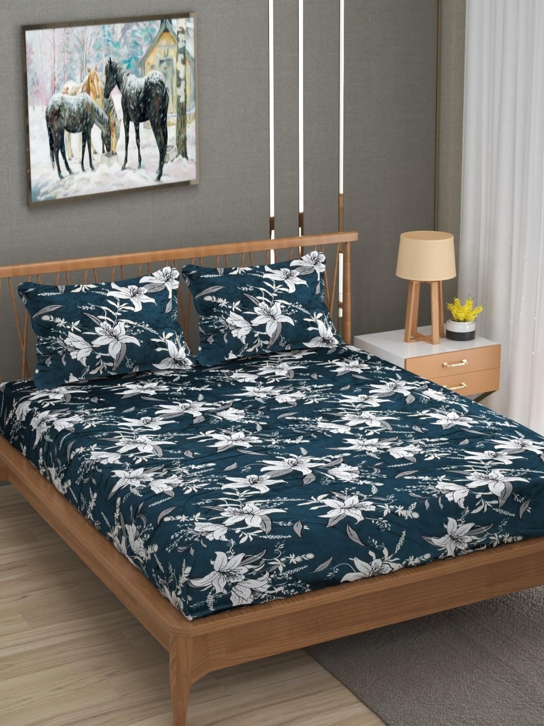 

YaAkholic Grey & White Floral 210 TC Wool King Bedsheet Set 1.98 m x 1.82 m