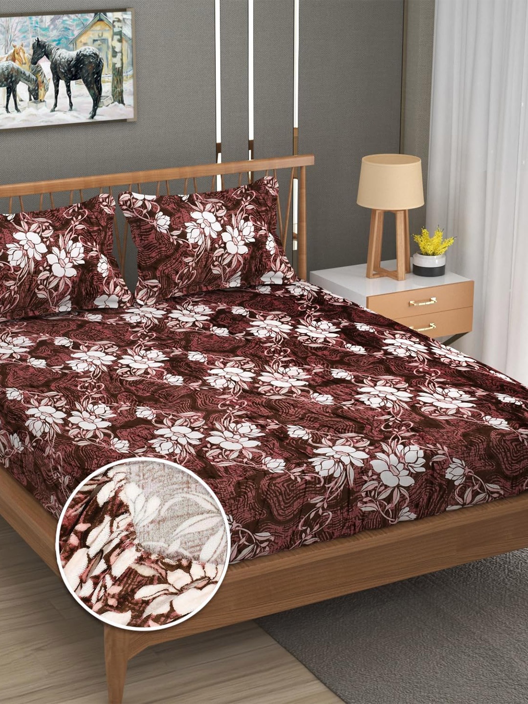 

YaAkholic Brown & White Floral 210 TC King Velvet Fitted Bedsheet Set- 1.9 M x 1.8 M