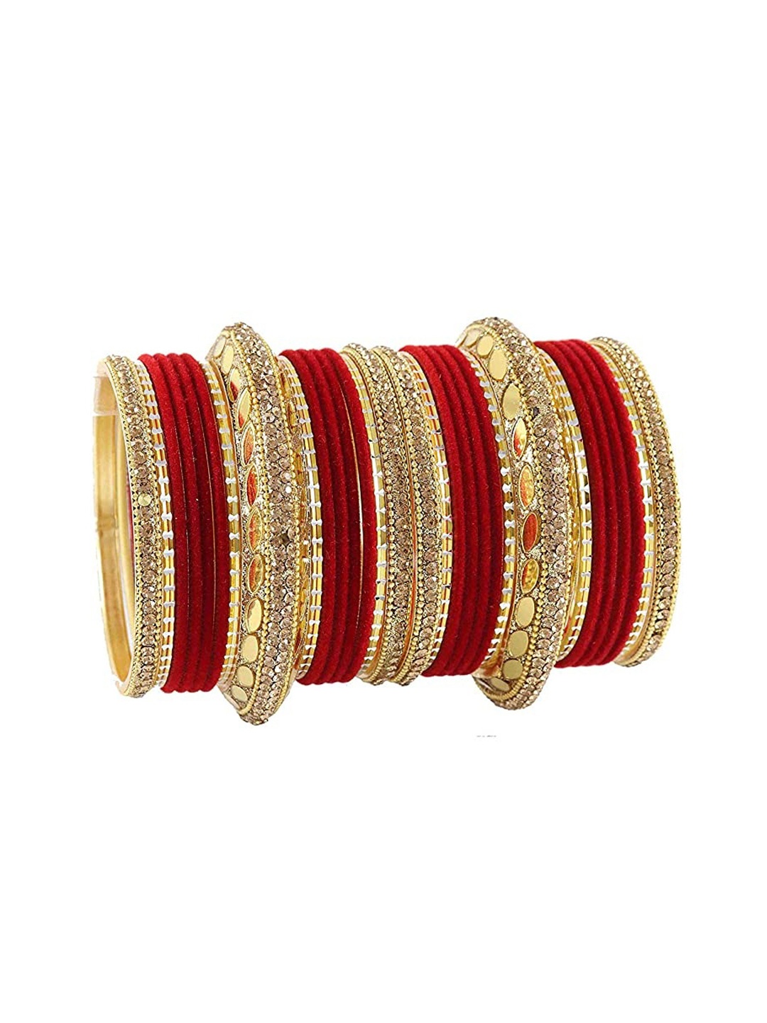 

ZULKA Set of 30 Premium Gold Plated Metal Chuda with Zircon Stone & Beads, Red