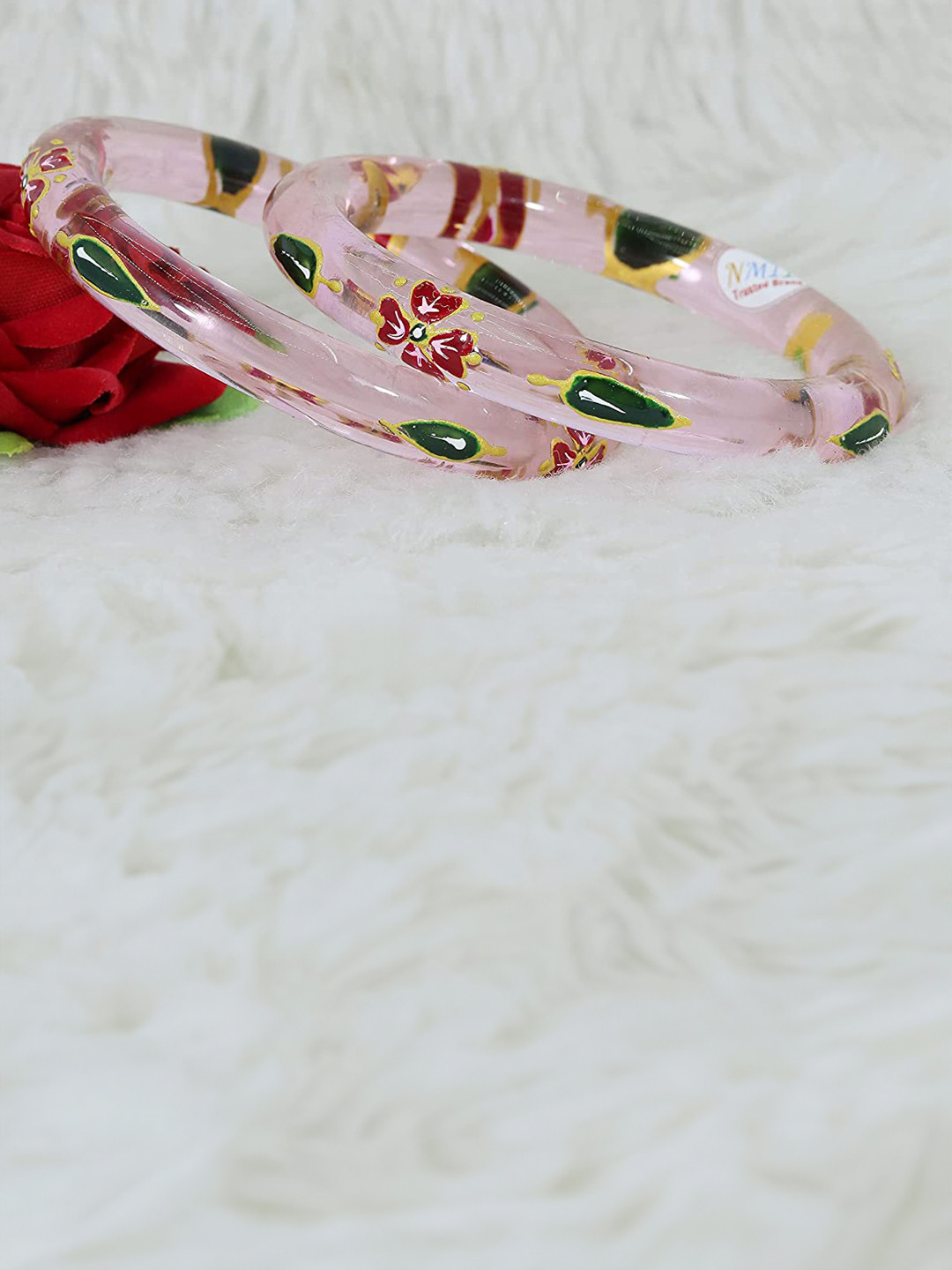 

ZULKA Set of 2 Glass with Flowers & Leaf Printed Kada Bangles, Pink