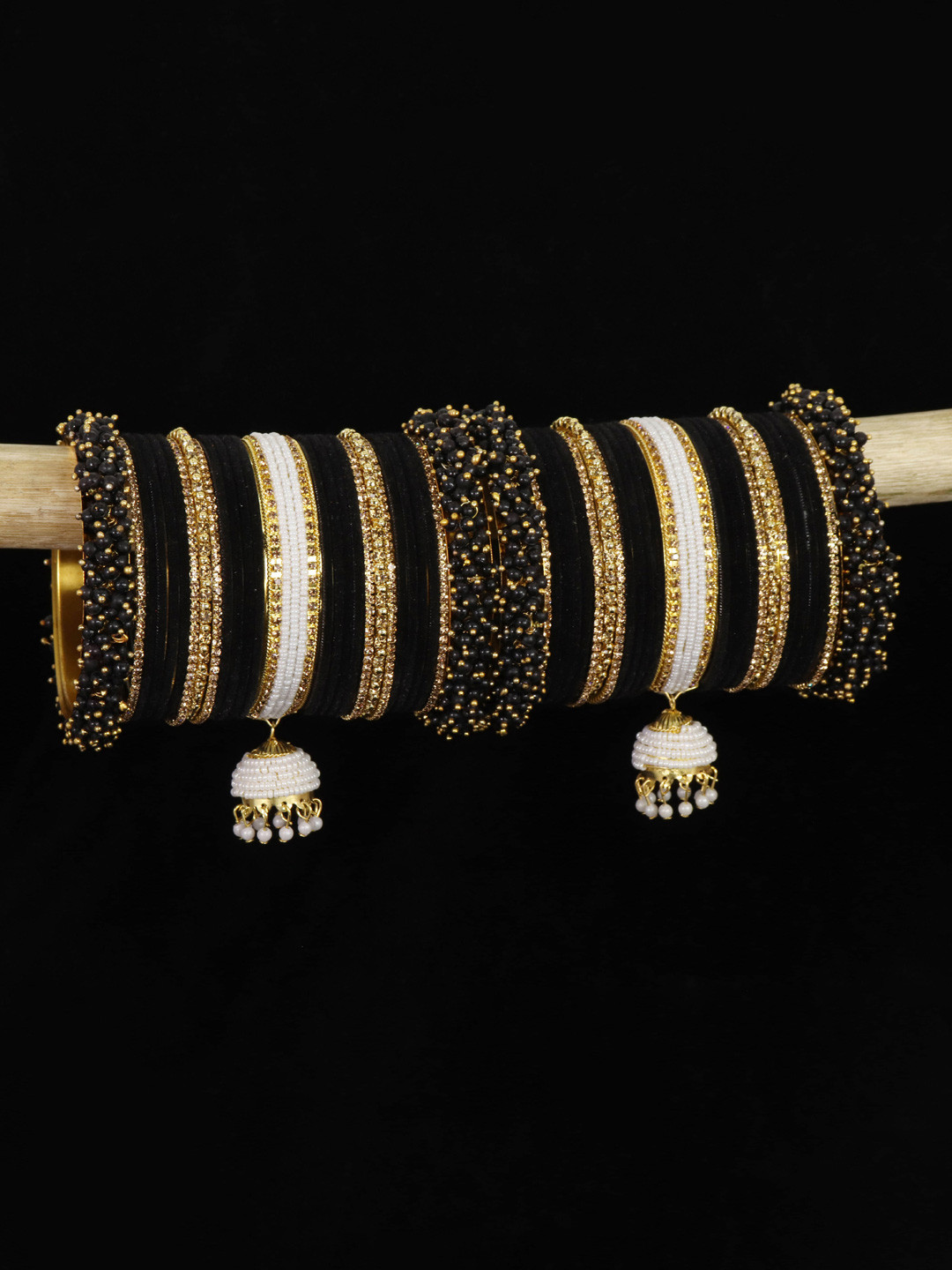 

ZULKASet of 54 Metal with Pearls Zircon & Velvet Bangles Bridal Chuda with Latkan, Black