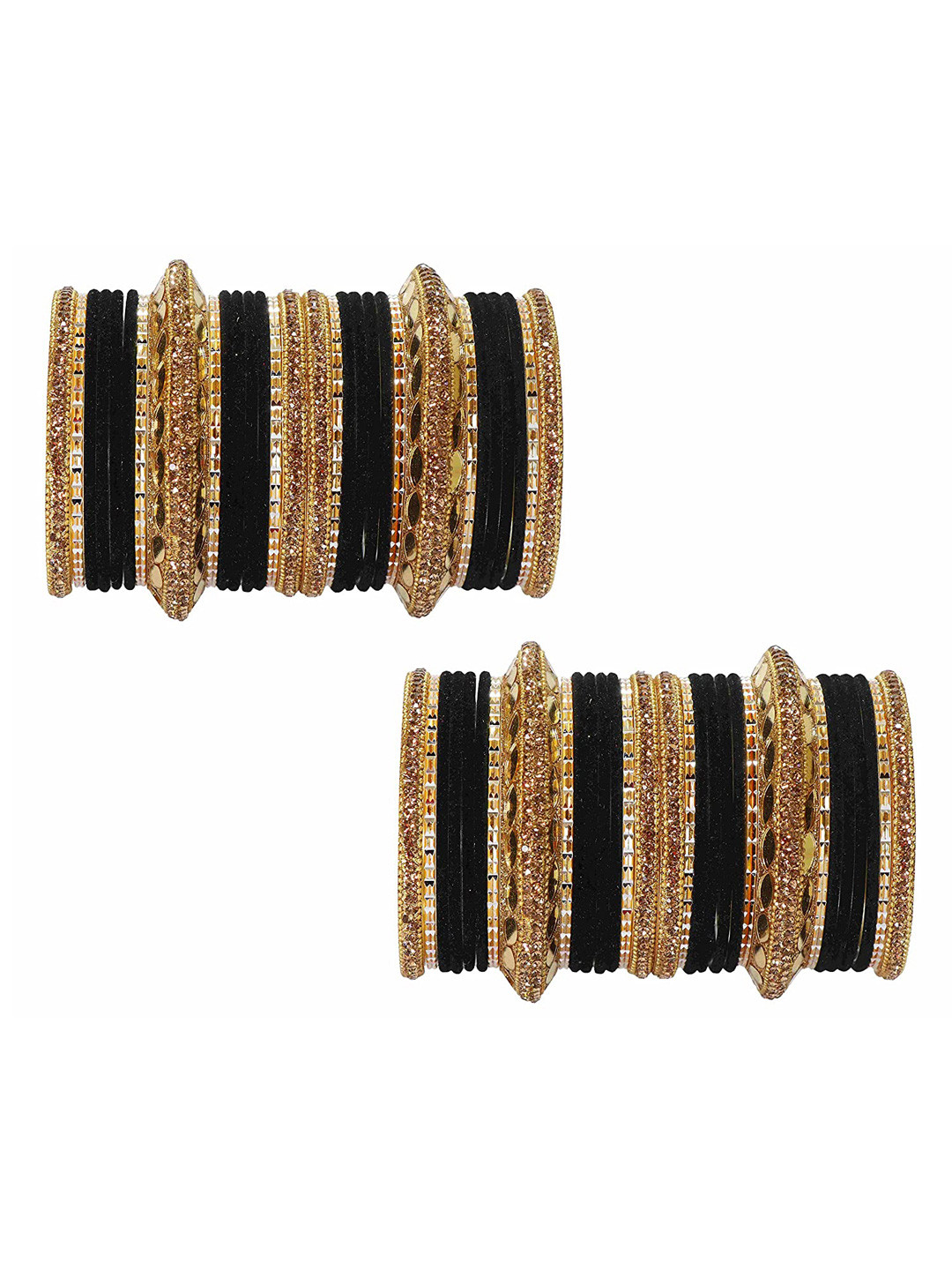 

ZULKA Set of 60 Gold Plated Metal Bangles Chuda with Zircon Stone & Beads, Black