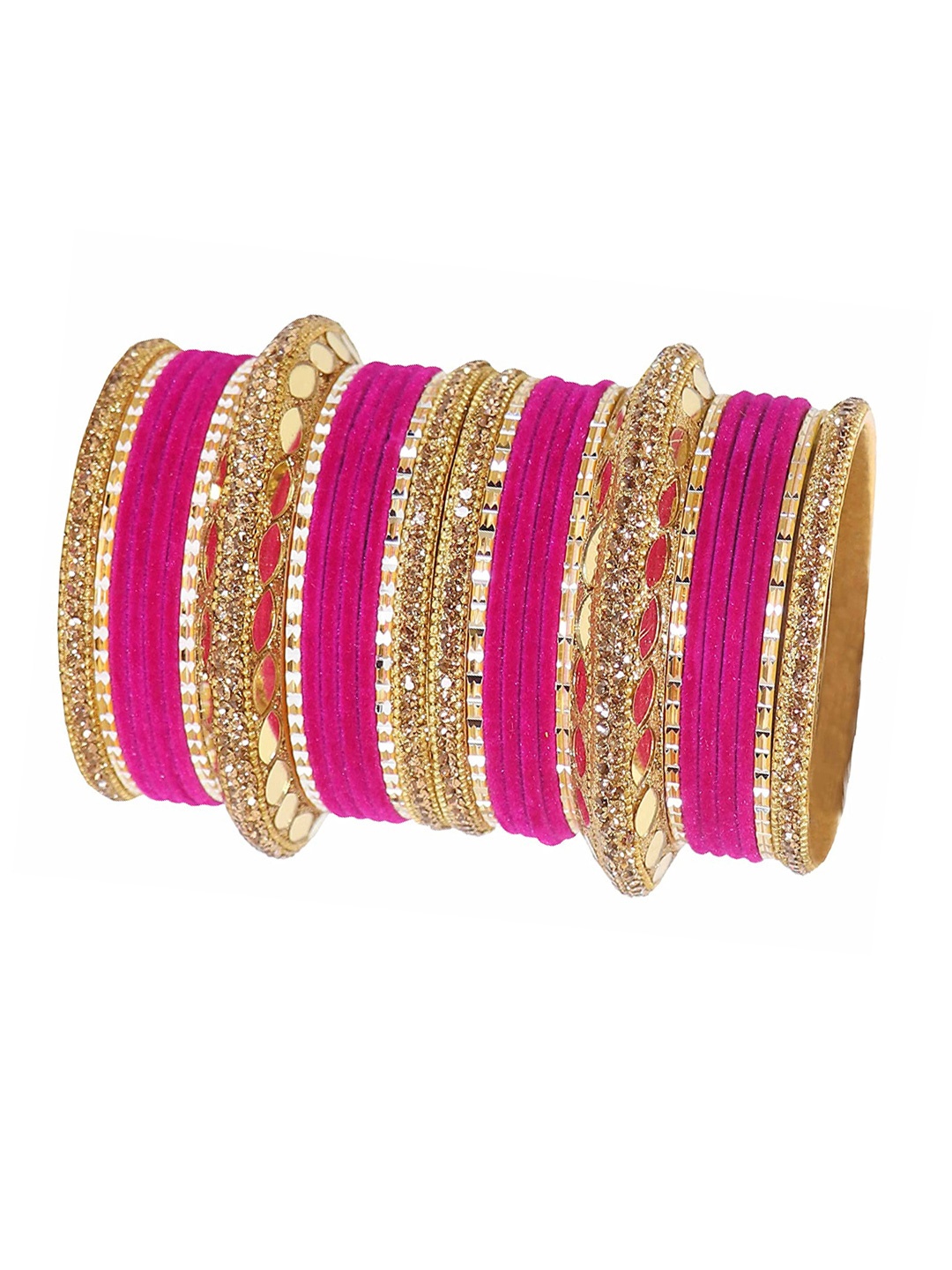 

ZULKA Set Of 30 Gold Plated Zircon Studded & Beaded Metal Chuda Set, Magenta