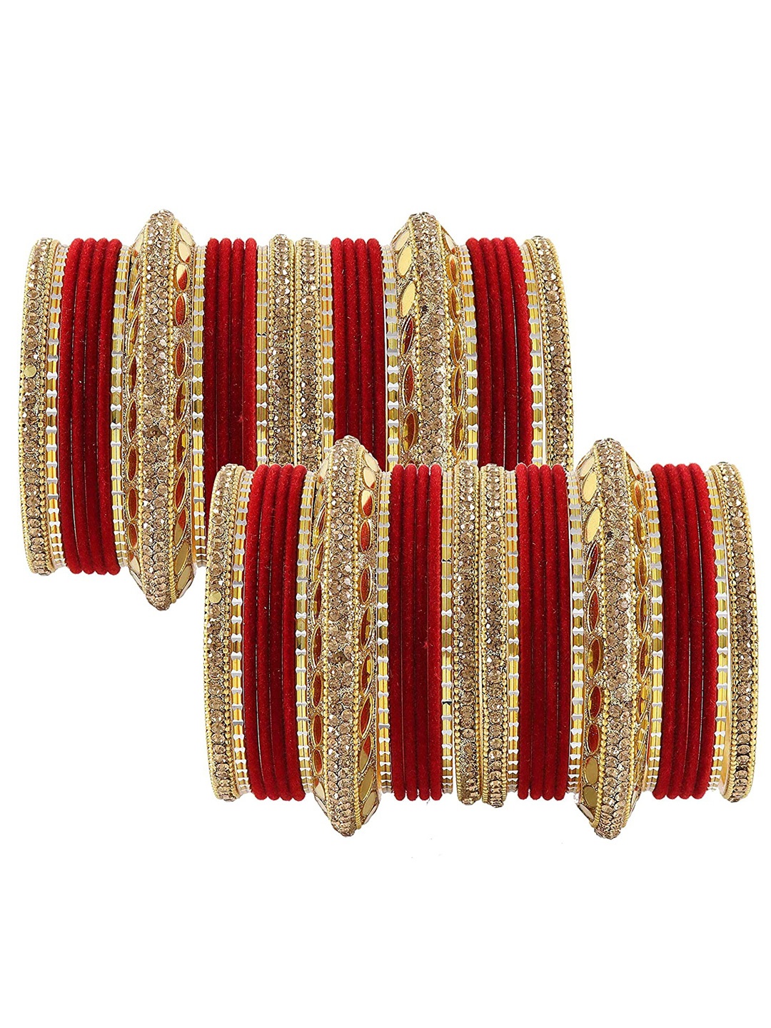 

ZULKA Set of 60 Gold-Plated Metal Zircon Stone & Beads Chuda Bangles, Red
