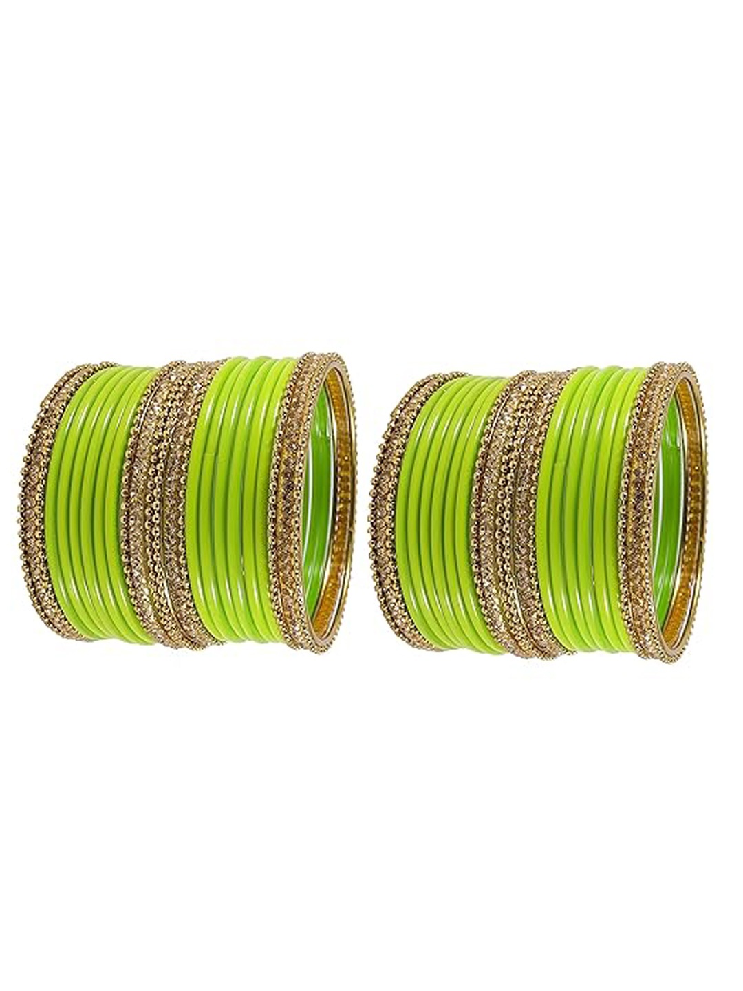 

ZULKA Set OF 48 Glass Zircon Gemstone worked Traditional and Plain Bangle, Green
