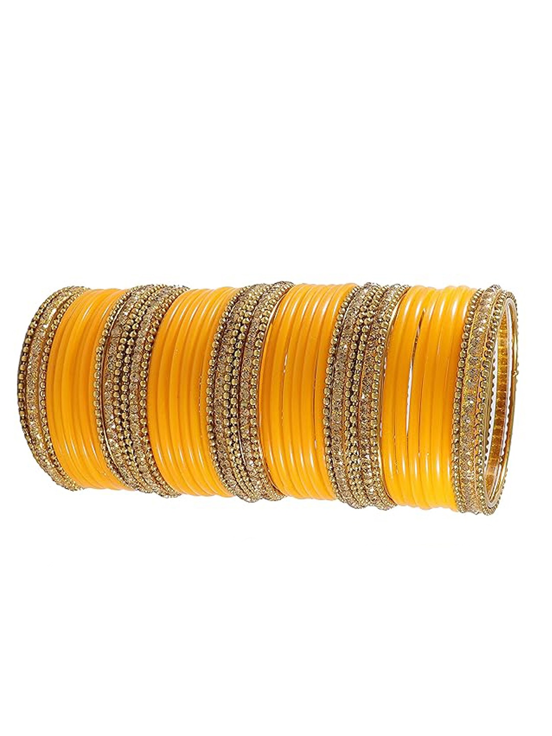 

ZULKA Set OF 48 Glass Zircon Gemstone worked Traditional and Plain Bangle, Yellow