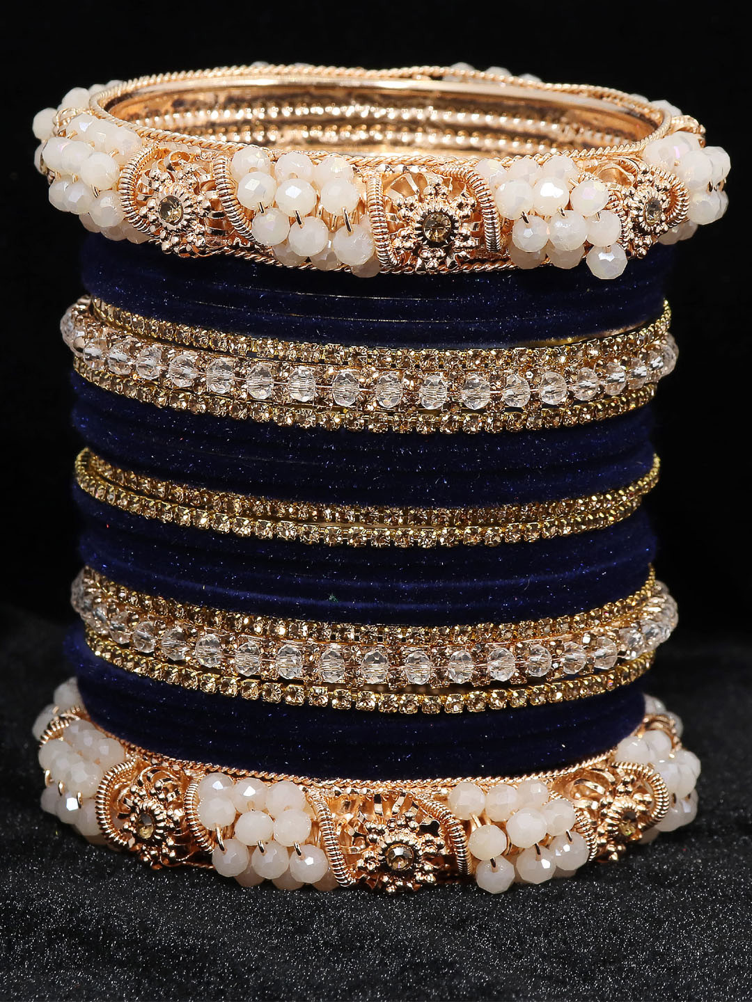 

ZULKA Set of 52 Zircon Gemstone Pearls & Velvet Bangles, Navy blue