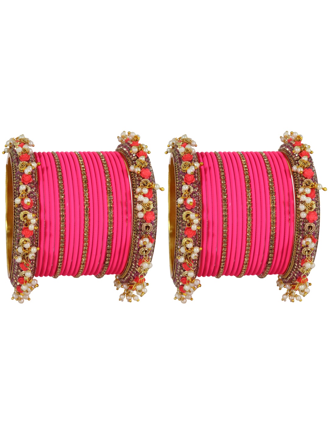 

ZULKA Set of 42 Zircon Gemstone & Pearl Linked Latkan Bangles, Magenta