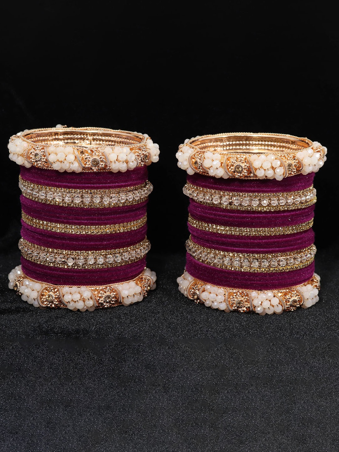 

ZULKA Set of 52 Zircon Gemstone Pearls & Velvet Studded Bangles, Purple