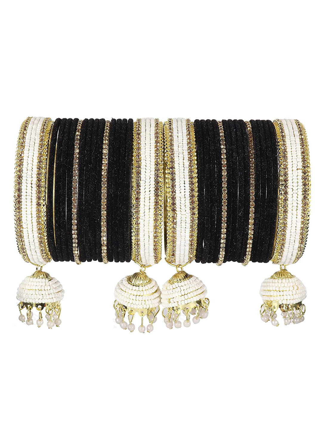 

ZULKA Set of 32 Metal Studded with Zircon Gemstone or Pearls and Velvet Latkan, Black