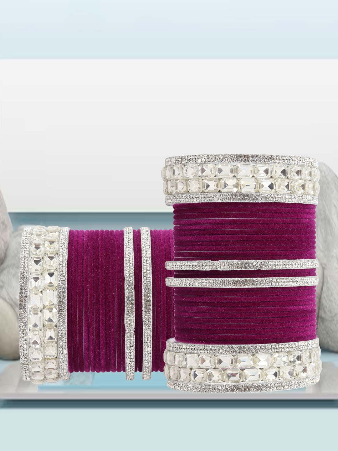 

ZULKA Set of 68 Metal with Zircon Gemstone Studded Velvet Bangles, Silver