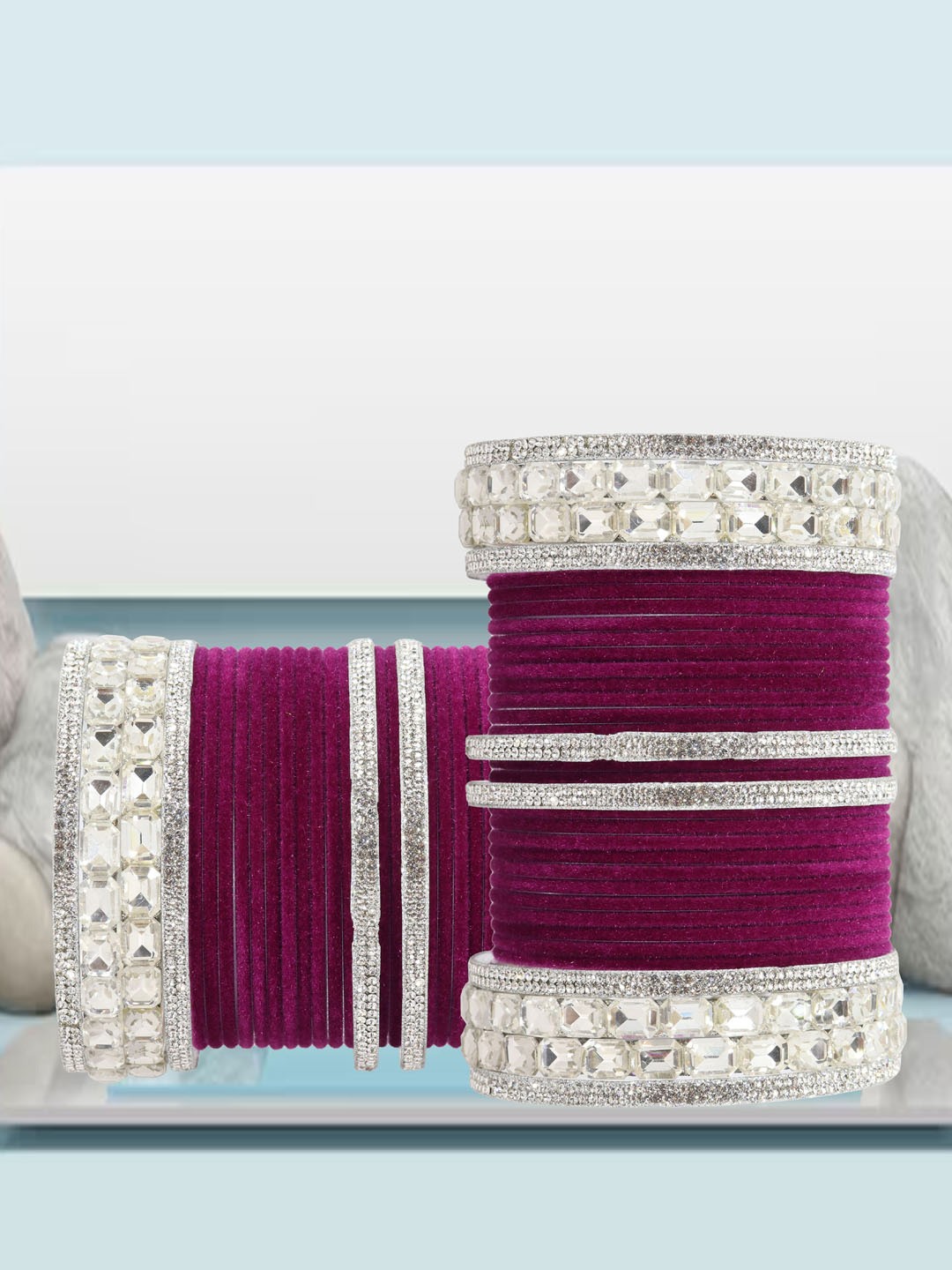 

ZULKA Set of 68 Zircon Gemstone Studded Velvet Bangles, Silver