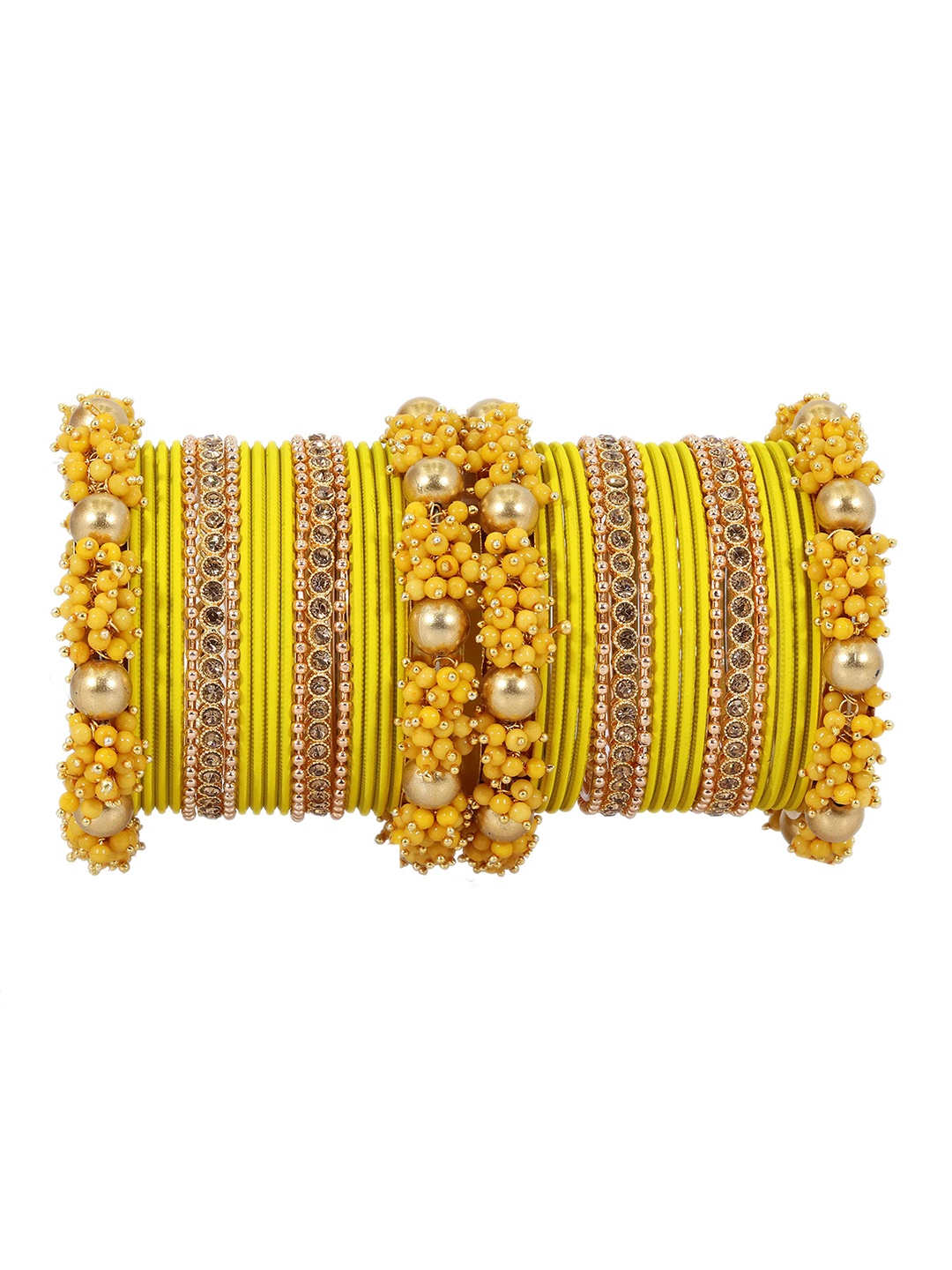 

ZULKA Set of 34 Women Stone Studded Velvet Finish Metal Bangles, Yellow