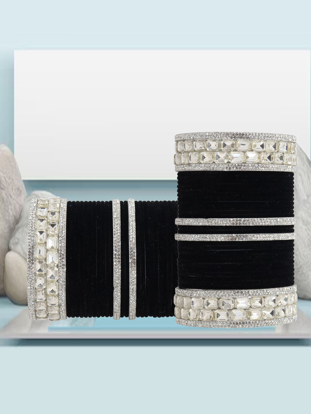 

ZULKA Set of 68 Zircon Gemstone Studded Velvet Bangles, Silver