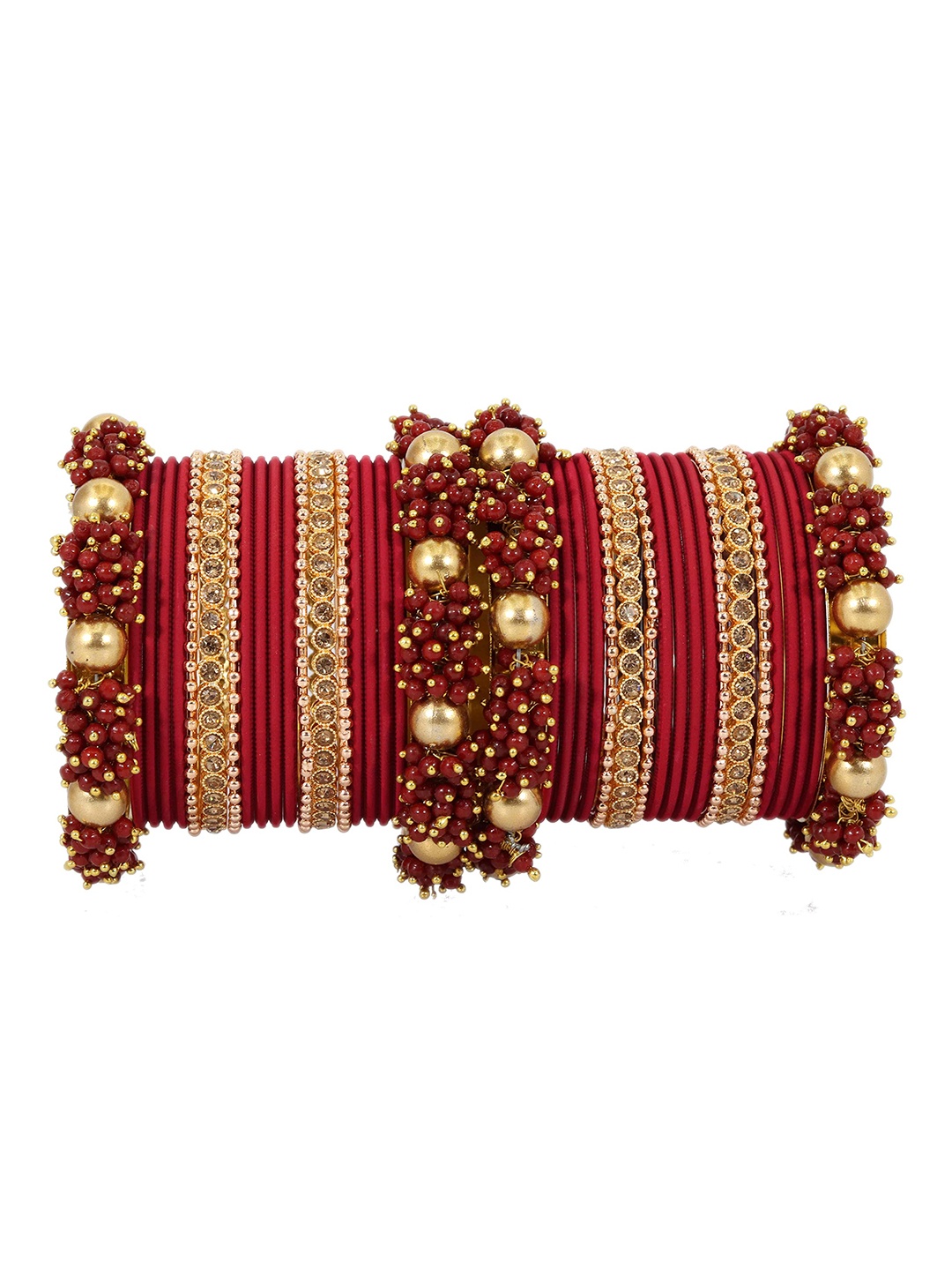 

ZULKA Set of 42 Red & Gold-Toned Stones-&-Beads Studded Bangles