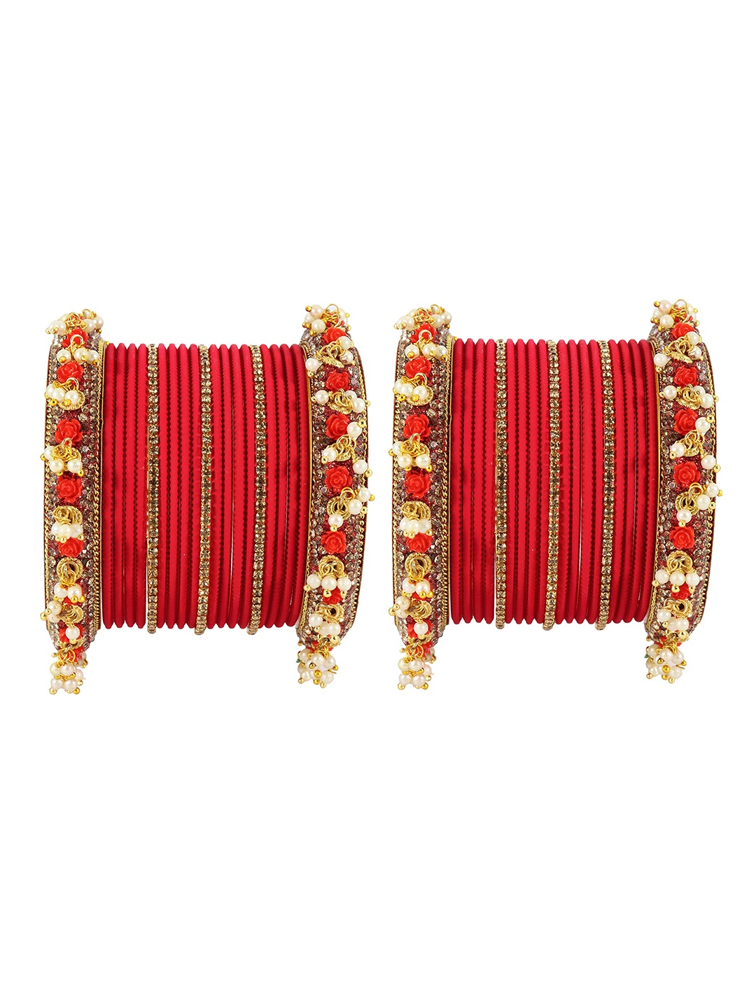 

ZULKA Set of 32 Non-Precious Zircon Gemstone Studded & Pearls Beaded Velvet Latkan Bangles, Maroon