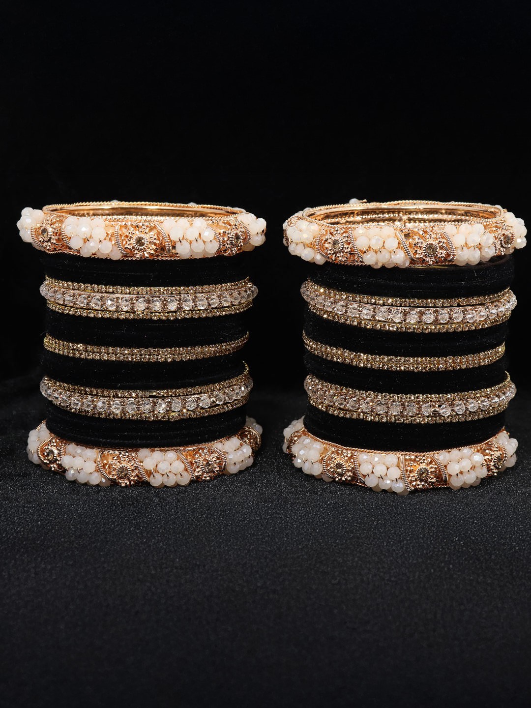 

ZULKA Set of 52 Zircon Gemstone, Pearls Stone Studded Velvet Bangles, Black