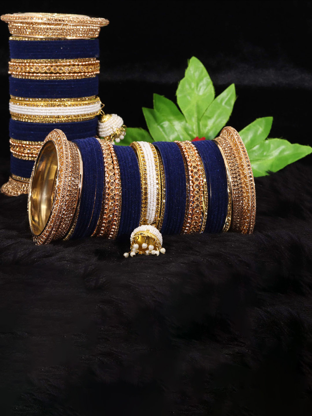

ZULKA Set of 82 Blue & Gold-Toned Stone-Studded Bangles