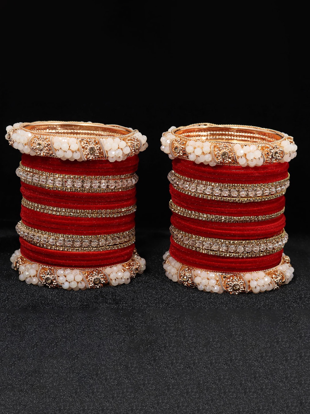 

ZULKA Set of 52 Green & White Stones-&-Beads-Studded Velvet Bangles