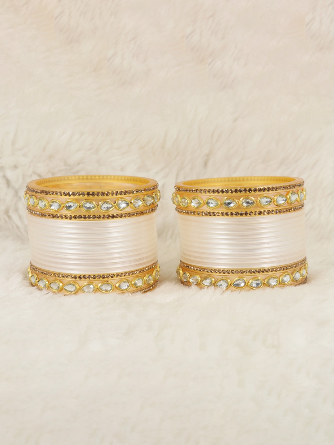 

ZULKA Set of 32 White & Gold-Toned Stone-Studded Bangles