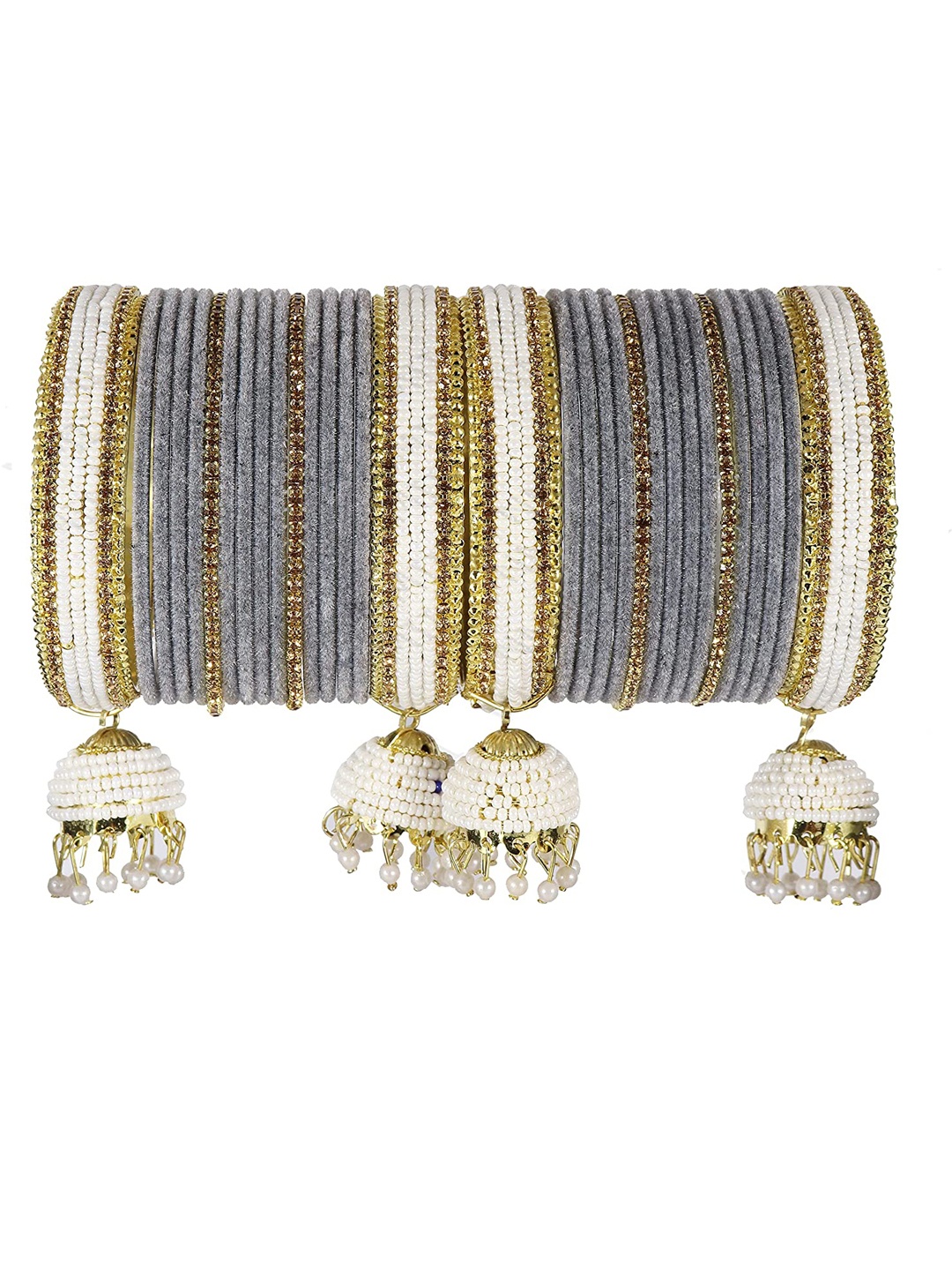 

ZULKA Set of 32 Non-Precious Zircon Gemstone or Pearls Velvet Bangles, Grey