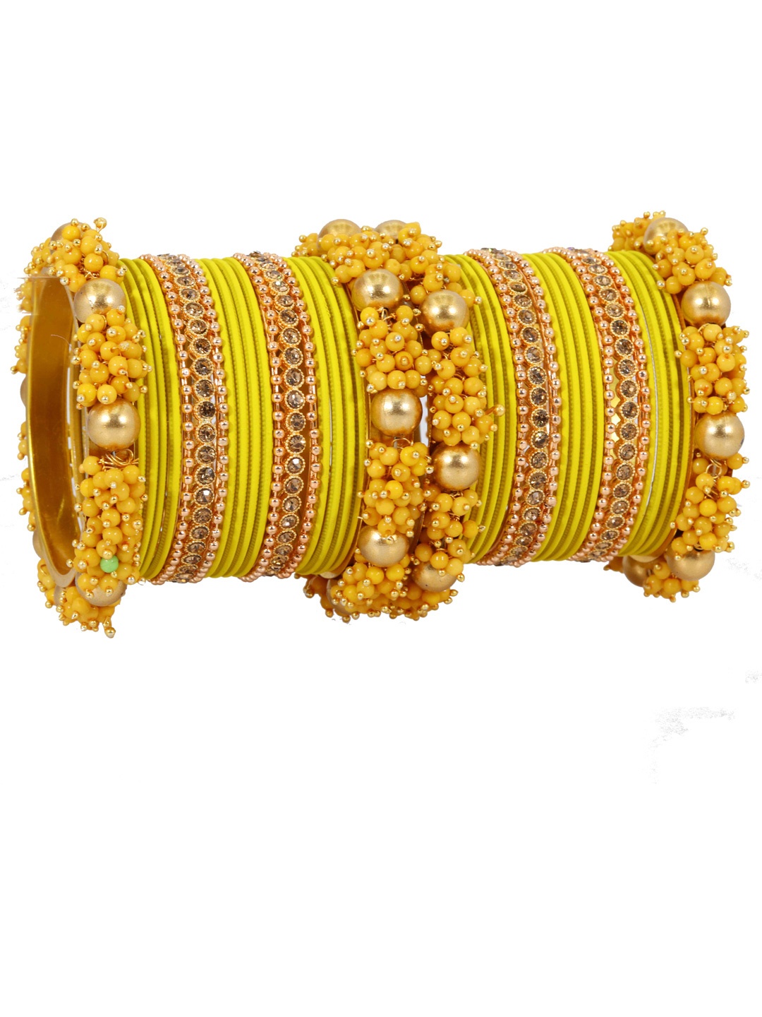 

ZULKA Set of 42 Stone & Pearl Studded Metal Bangle, Yellow