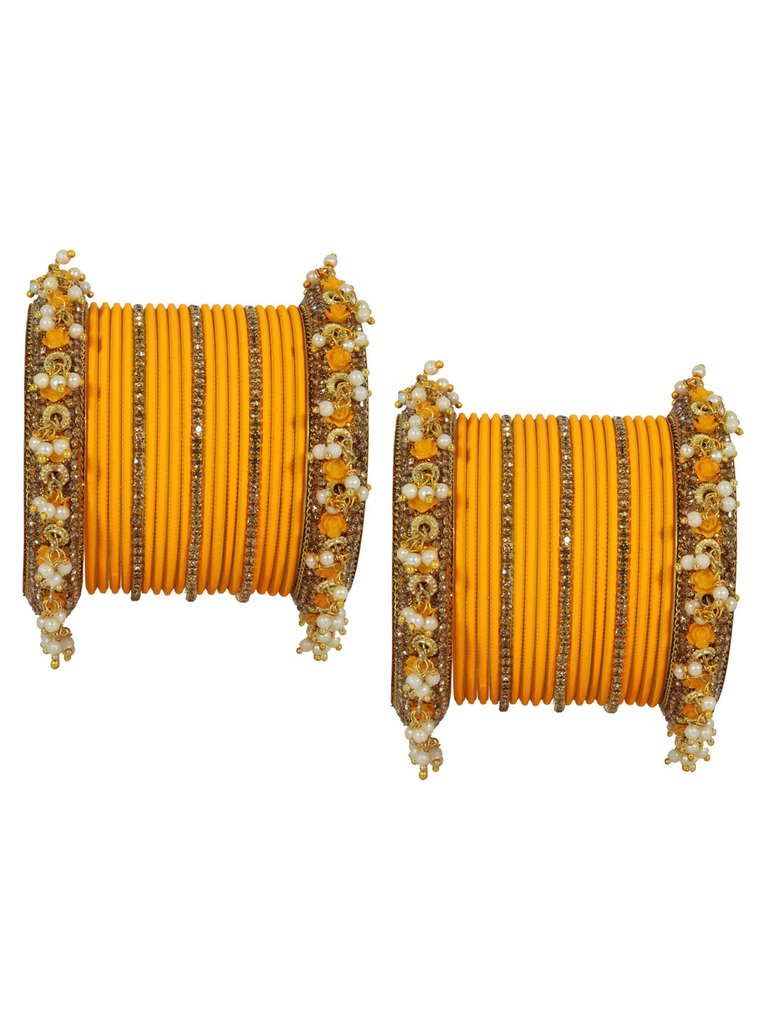 

ZULKA Set of 42 Metal with Zircon Gemstone and Pearl linked Latkan Pattern, Yellow