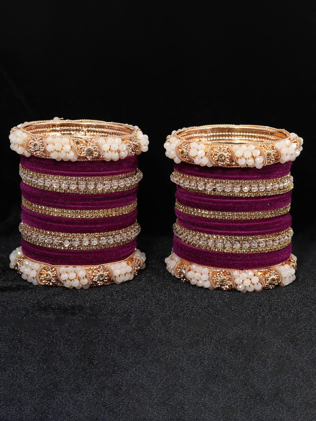 

ZULKA Set of 52 Zircon Gemstone Pearls Studded Velvet Bangles, Purple