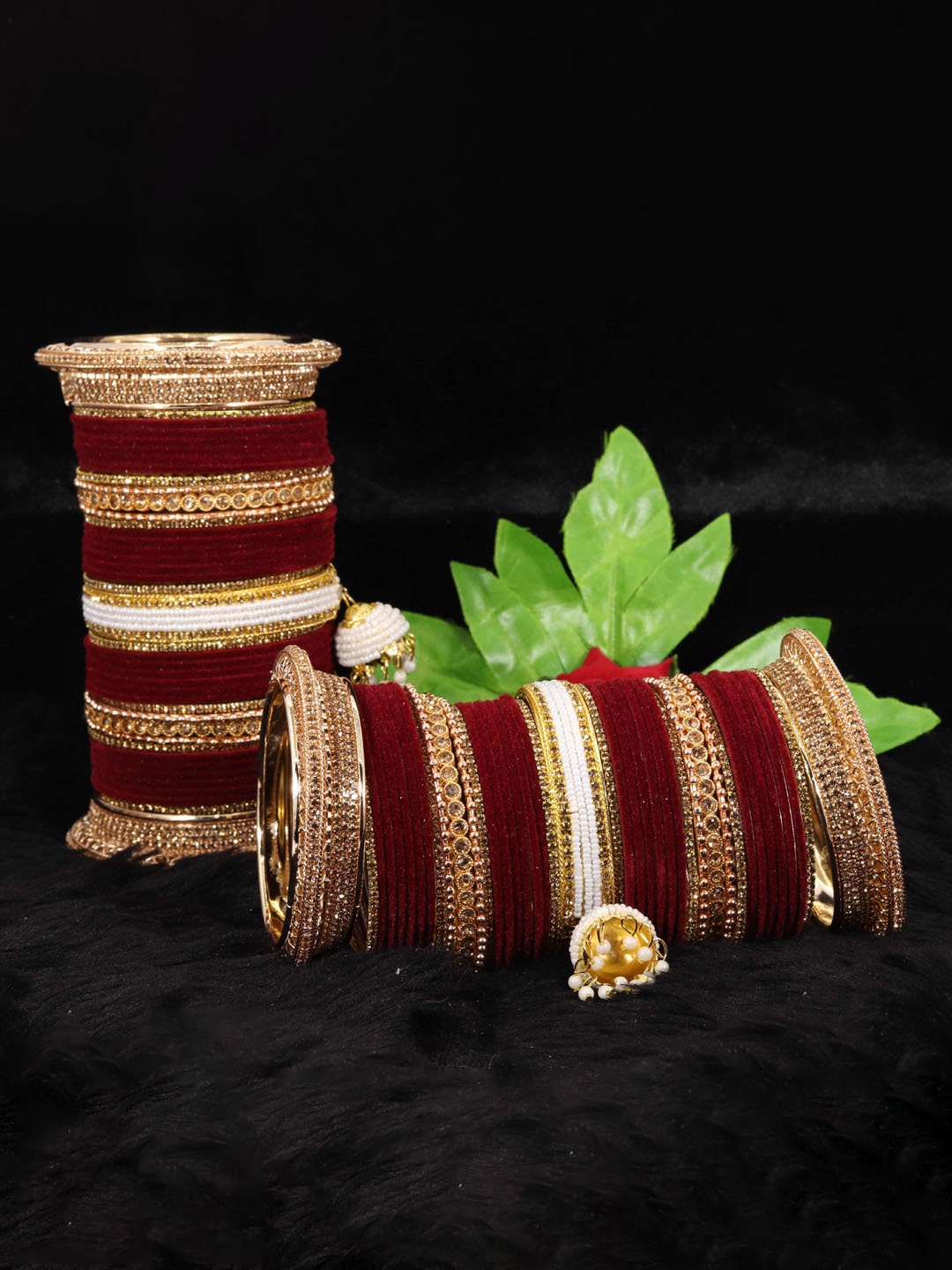 

ZULKA Set of 82 Metal Zircon Gemstone with Pearls Studded Kaleere Type Latkan, Maroon