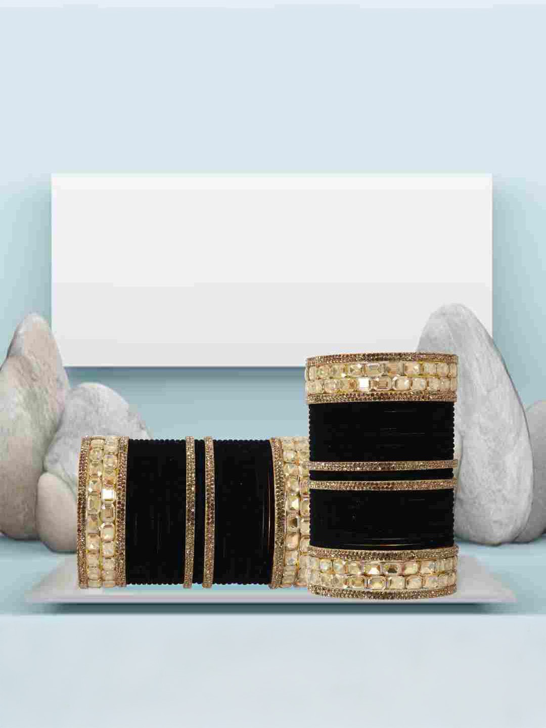 

ZULKA Set of 68 Metal with Zircon Gemstone and Velvet Studded Bangles, Gold