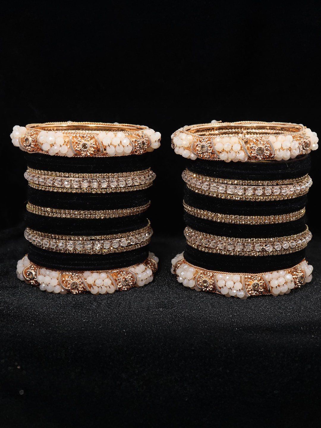 

ZULKA Set of 52 Zircon Gemstone Pearls & Velvet Studded Bangles, Peach