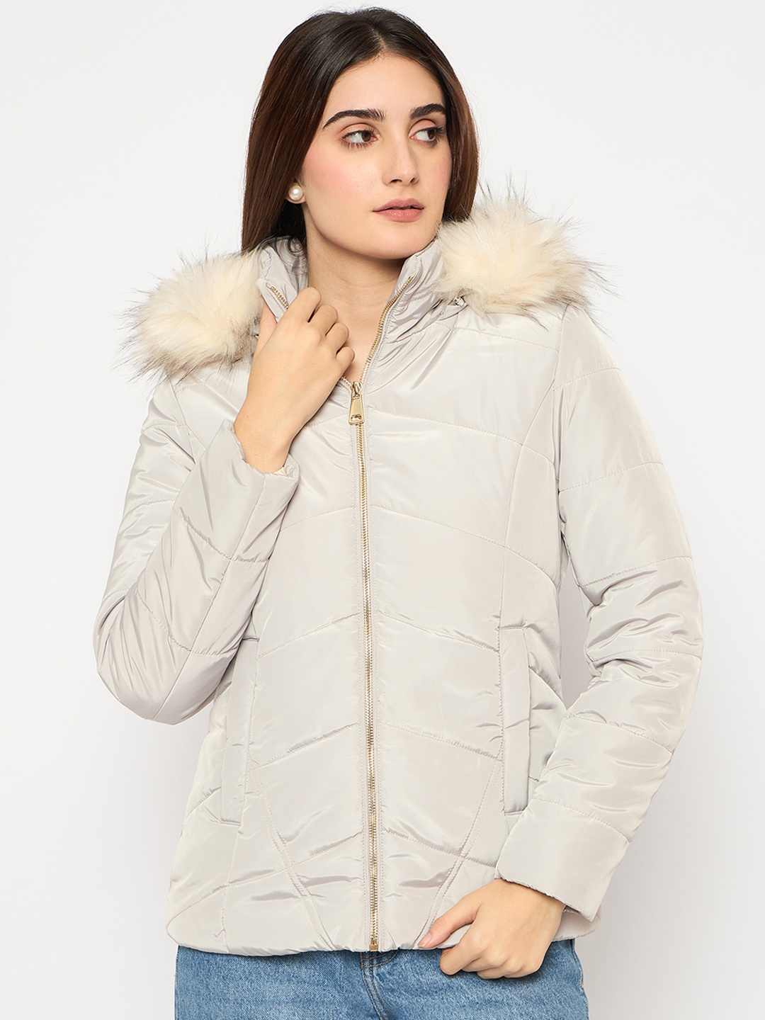 

Madame Women Quilted Polyester Parka Jacket, Grey
