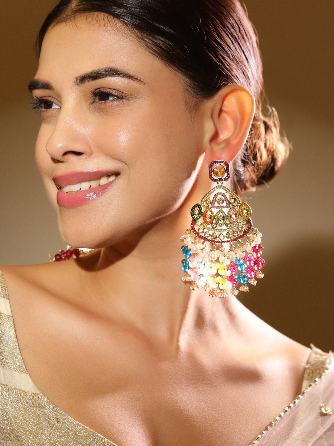 

Rubans 18K Gold-Plated Multicolor Kundan & Pearl Studded Dome-Shaped Chandelier Earrings