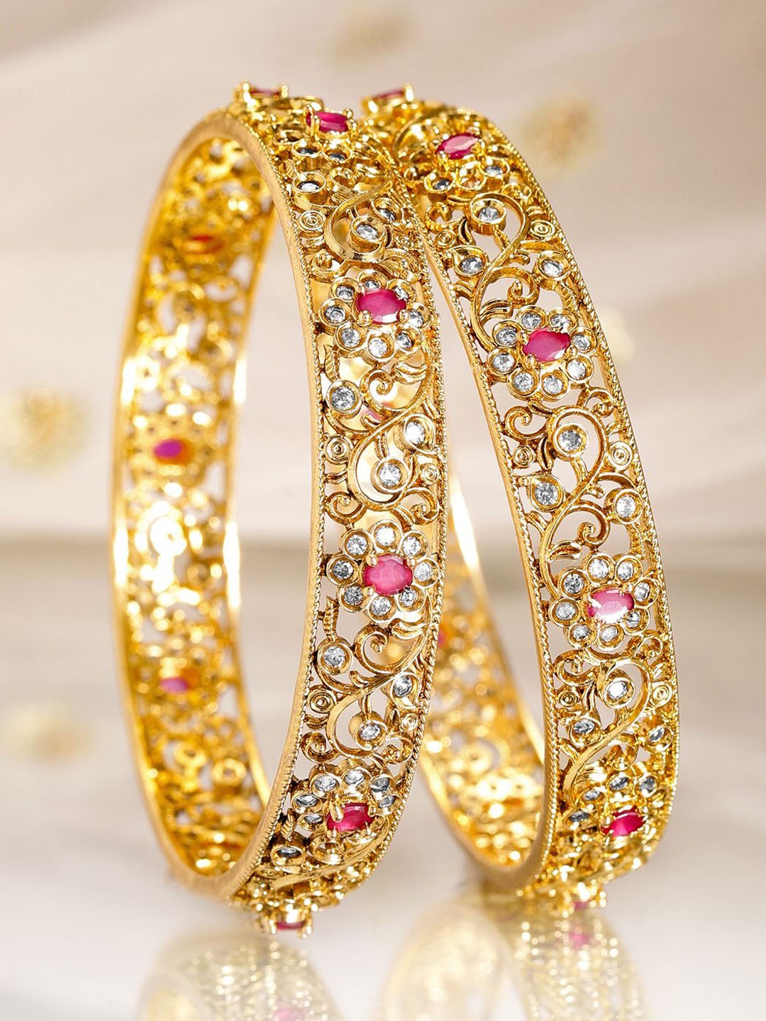 

Rubans Set of 2 22K Gold-Plated Bangles with Ruby Pink & White Cubic Zirconia Stones