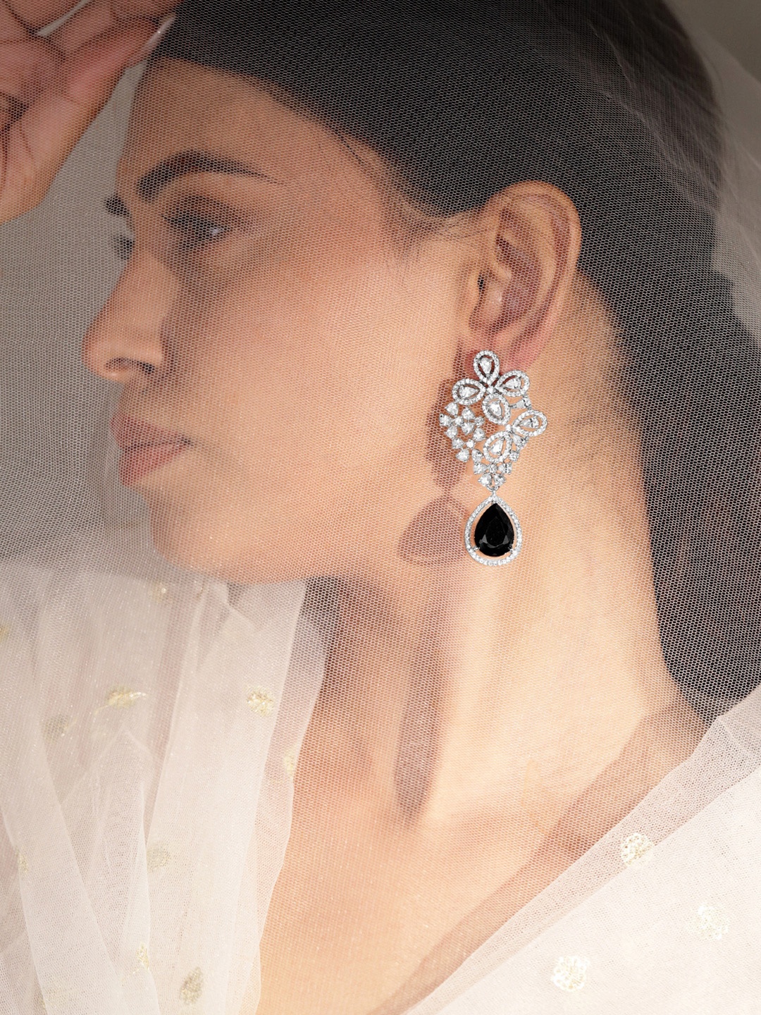 

Rubans Rhodium Plated Cubic Zirconia Studded & Black AD Drop Earrings, Silver