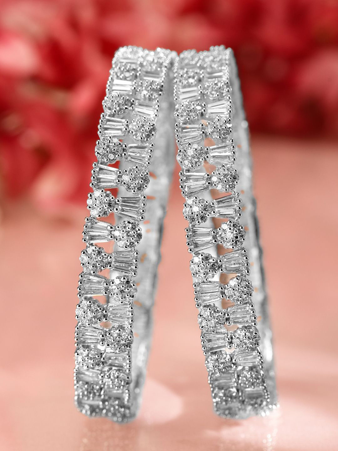 

Rubans Set of 2 Rhodium-Plated AAA Cubic Zirconia Studded Handcrafted Premium Bangles, Silver