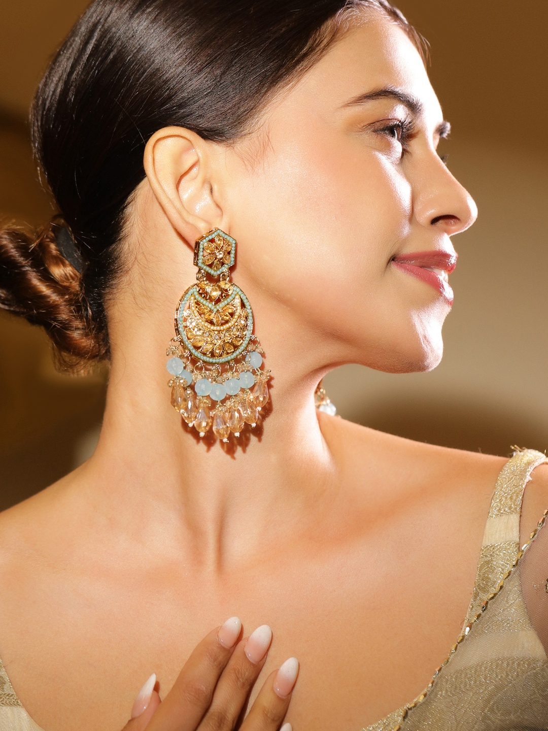 

Rubans 18K Gold-Plated Kundan Chandbali Earrings with Sky Blue Stones & Beaded Danglers