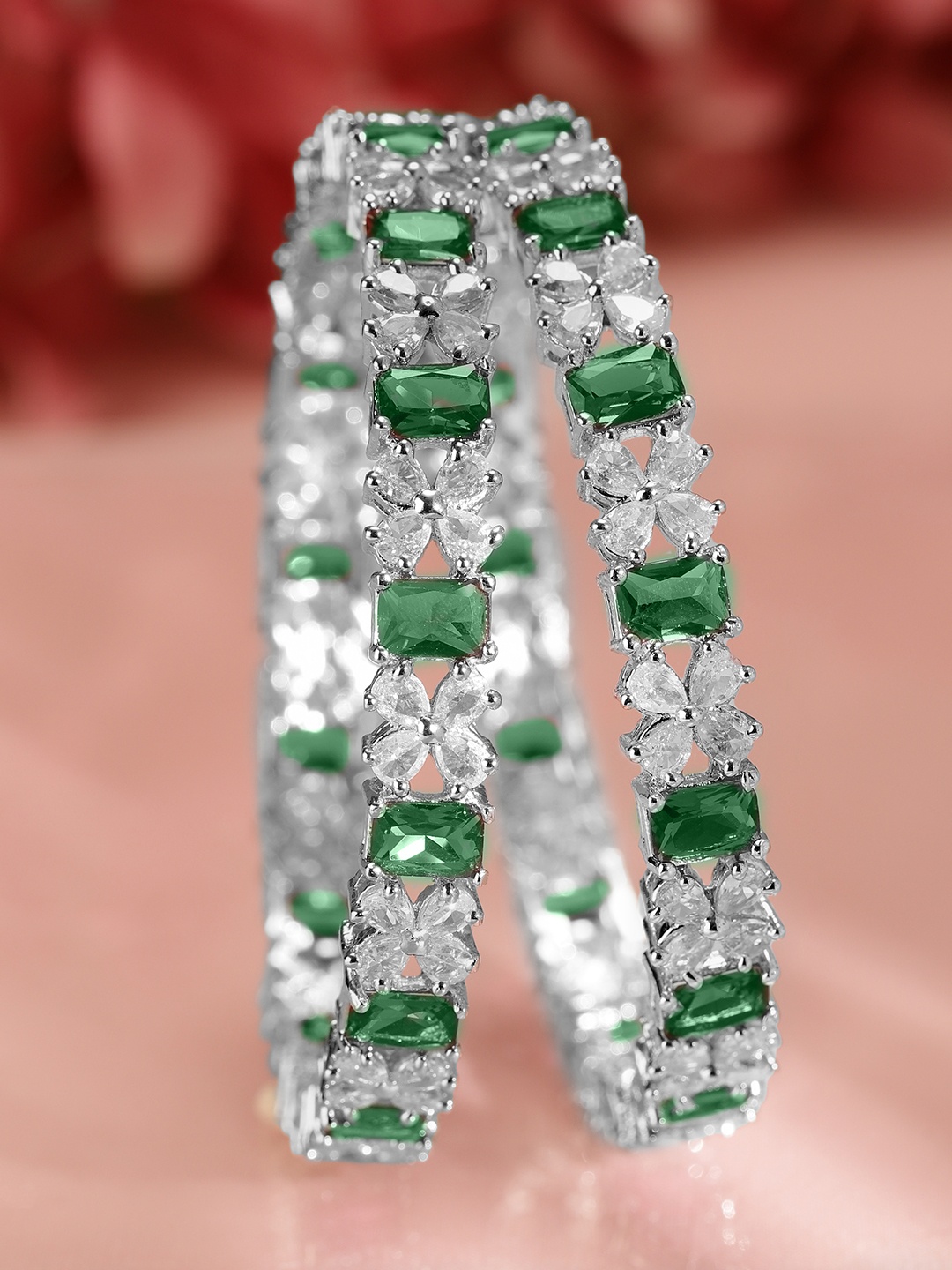 

Rubans Set of 2 Rhodium-Plated Emerald Green & Cubic Zirconia Studded Bangles, Silver