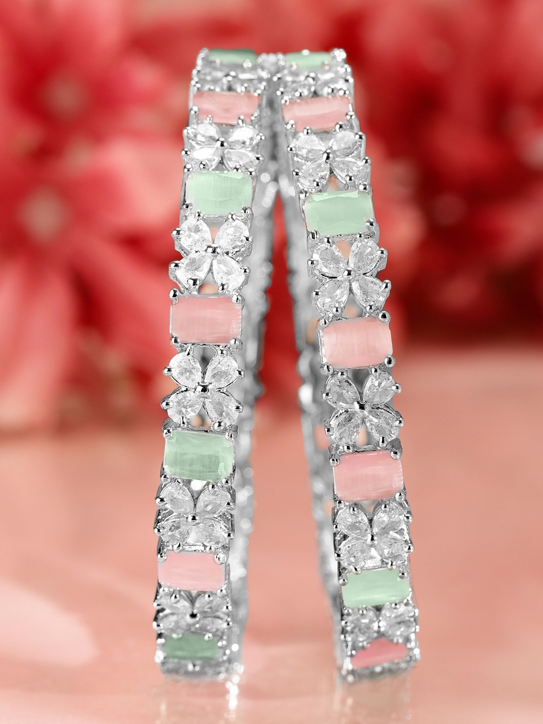 

Rubans Set of 2 Rhodium-Plated Pastel Green & Pink Cubic Zirconia Studded Bangles, Silver
