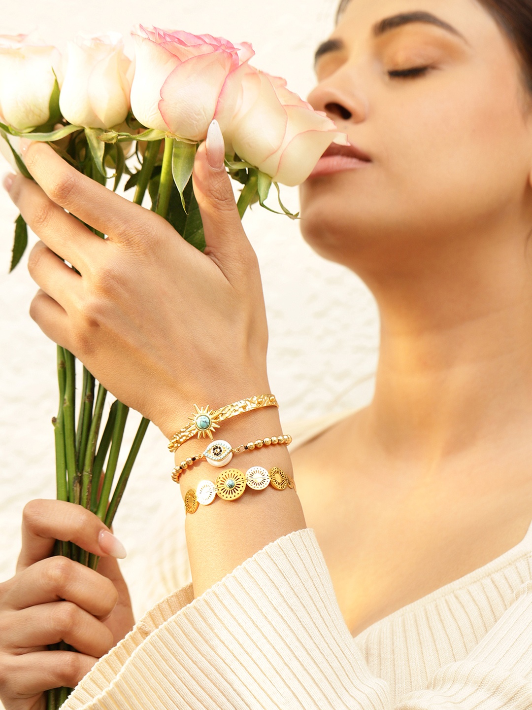 

Rubans Set of 3, 18K Gold-Plated Turquoise Stone & Evil Eye Motif Statement Bracelets
